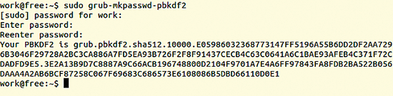 Figure 3: At the command line, you can create an encrypted password to access GRUB 2.